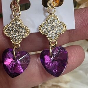 Elegant Gold and Purple Heart Drop Earrings